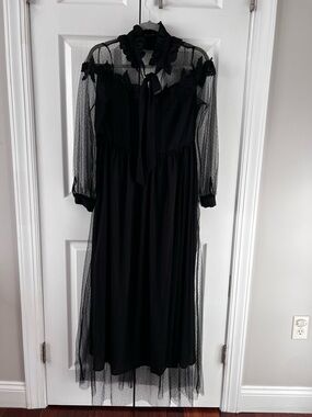SHEIN Black Sheer Long Sleeve Midi Dress with Ruffle Tie Neck